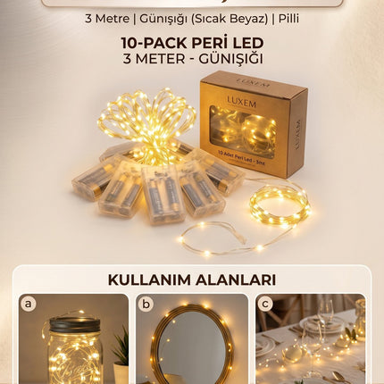 Peri LED Işık 3 Metre Gün Işığı 10'lu Dekoratif LED Tel Işık Parti, Düğün, Kına, Nikah, Oda ve Masa Süsleme