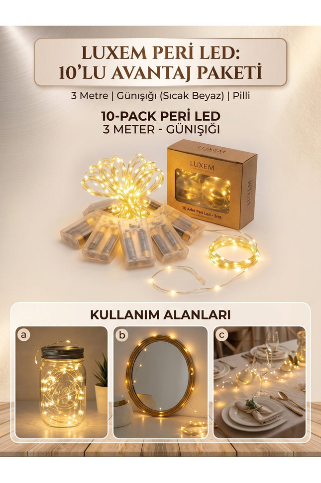 Peri LED Işık 3 Metre Gün Işığı 10'lu Dekoratif LED Tel Işık Parti, Düğün, Kına, Nikah, Oda ve Masa Süsleme