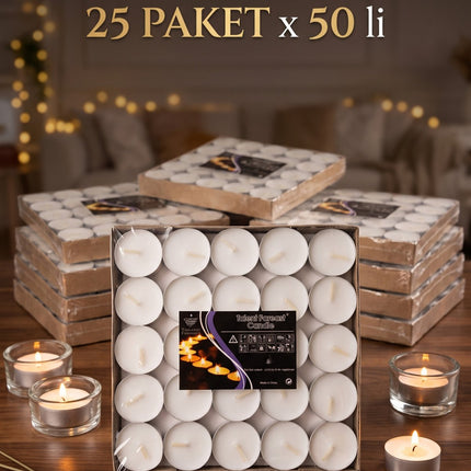 Tea Light Mum 25'li x 50 Paket (1250 Adet) Beyaz Dekoratif Tealight Mum Kına, Düğün, Nişan, Nikah, Parti ve Ev Dekorasyonu