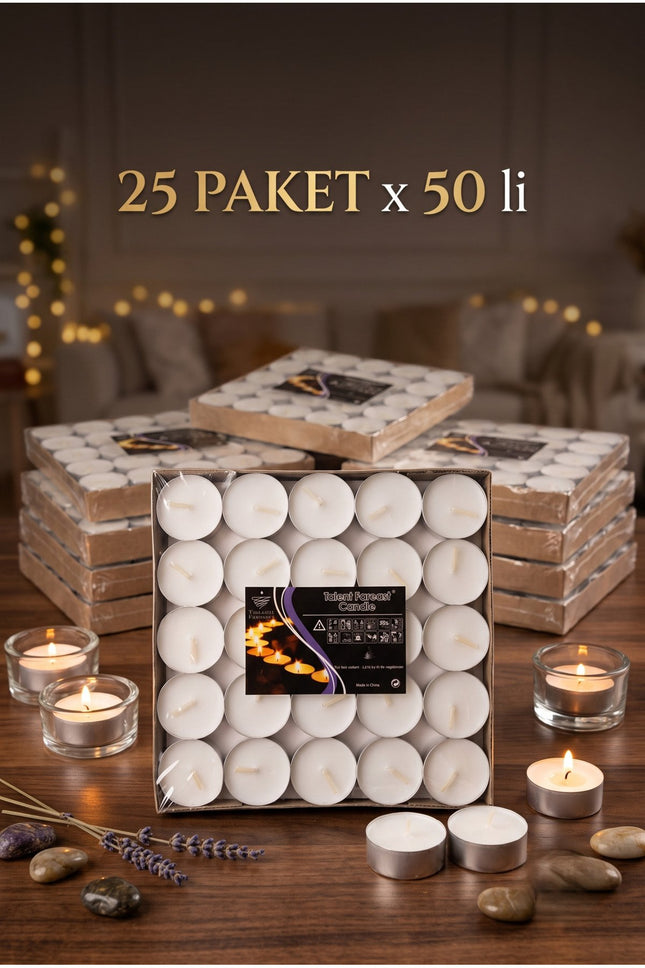 Tea Light Mum 25'li x 50 Paket (1250 Adet) Beyaz Dekoratif Tealight Mum Kına, Düğün, Nişan, Nikah, Parti ve Ev Dekorasyonu