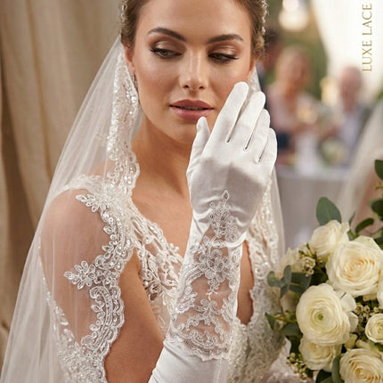 Asel Dantel Detaylı Baskılı Saten Gelin Eldiveni Beyaz Uzun Nikah Düğün Nişan Eldiveni