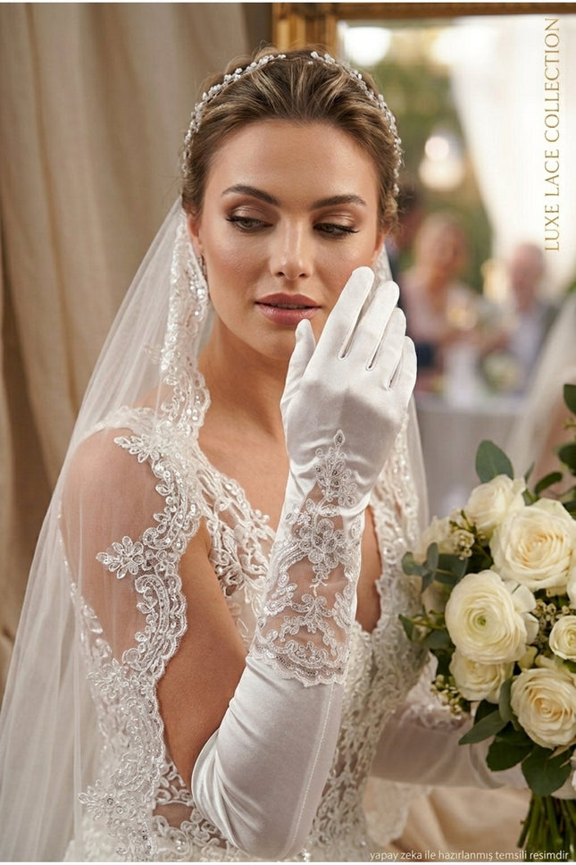 Asel Dantel Detaylı Baskılı Saten Gelin Eldiveni Beyaz Uzun Nikah Düğün Nişan Eldiveni