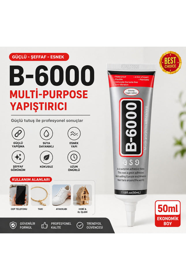 B6000 Şeffaf Çok Amaçlı Yapıştırıcı 50 ML | Taş, Takı, Cam, Metal, Plastik, Kumaş ve Deri İçin Güçlü Tutkal