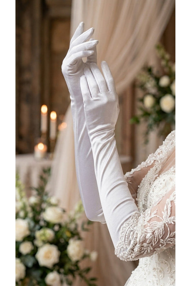 Uzun Saten Gelin Eldiveni Beyaz Balo Eldiveni Düğün Nikah Nişan Abiye Kostüm Eldiveni
