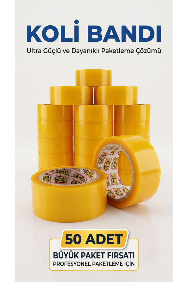Şeffaf Koli Bandı 100 Metre x 50 Adet Güçlü Yapışkanlı Paketleme Bandı Taşıma, Depolama, Kargo ve Ambalaj Bandı