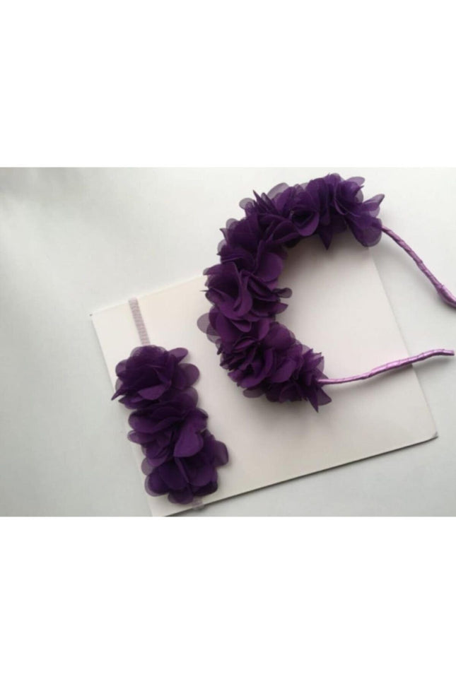 Mor Çiçekli Anne Bebek Bandana Taç Takımı – Bandana