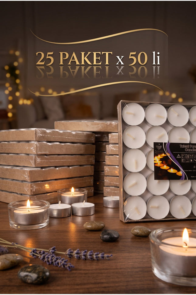 Tea Light Mum 25'li x 50 Paket (1250 Adet) Beyaz Dekoratif Tealight Mum Kına, Düğün, Nişan, Nikah, Parti ve Ev Dekorasyonu