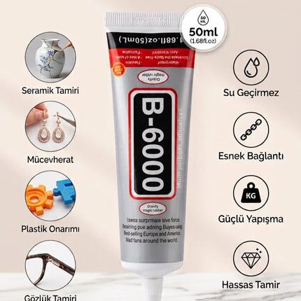 B6000 Şeffaf Çok Amaçlı Yapıştırıcı 50 ML | Taş, Takı, Cam, Metal, Plastik, Kumaş ve Deri İçin Güçlü Tutkal