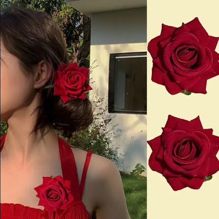 2 adet Vintage Kırmızı Kadife 3D Gül Çiçeği Çift  Broş ve Saç Tokası