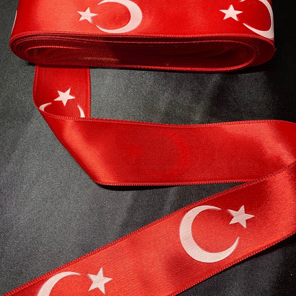 Kırmızı Ayyıldız Desenli 4cm Saten Kurdele - 5 Metre Süsleme ve Aksesuar Şeridi