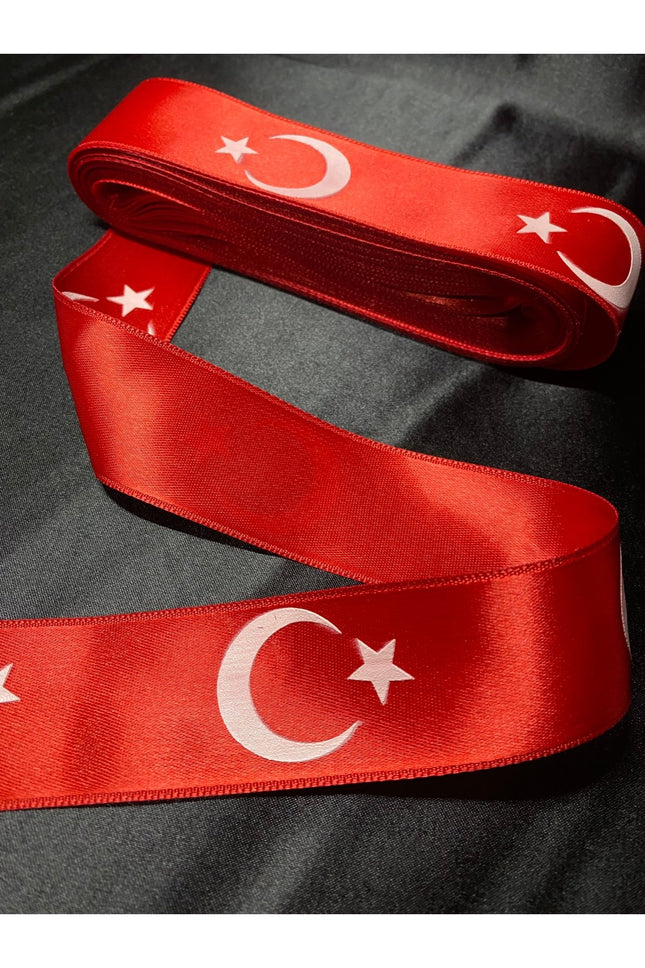 Kırmızı Ayyıldız Desenli 4cm Saten Kurdele - 5 Metre Süsleme ve Aksesuar Şeridi