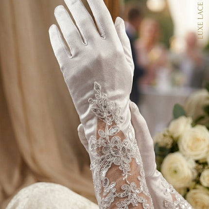 Asel Dantel Detaylı Baskılı Saten Gelin Eldiveni Beyaz Uzun Nikah Düğün Nişan Eldiveni