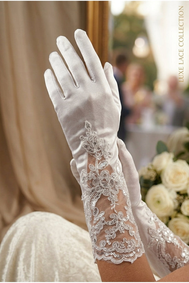 Asel Dantel Detaylı Baskılı Saten Gelin Eldiveni Beyaz Uzun Nikah Düğün Nişan Eldiveni